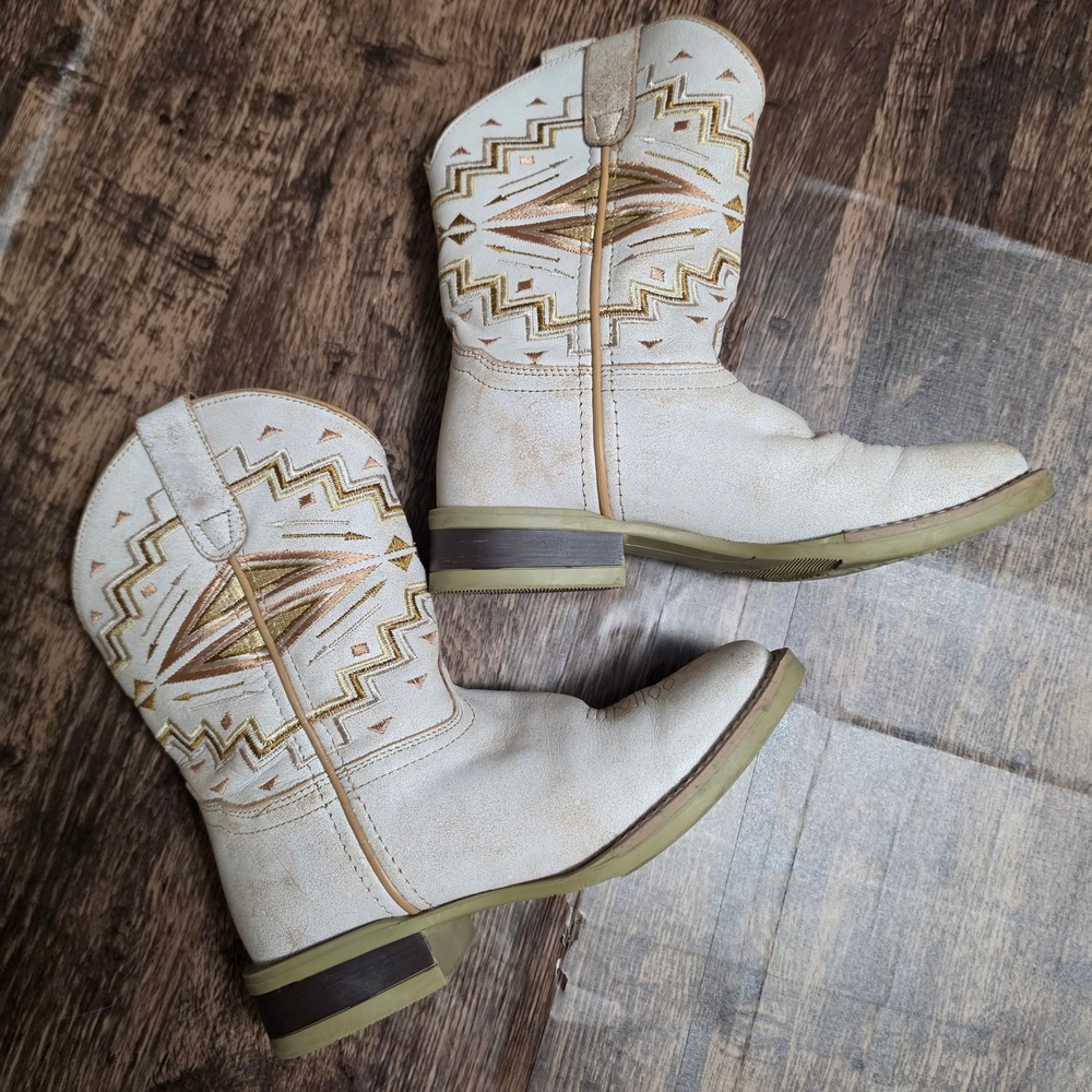 ROPER Cowboy Boots Kids Size 3 White Leather Embroidered Western